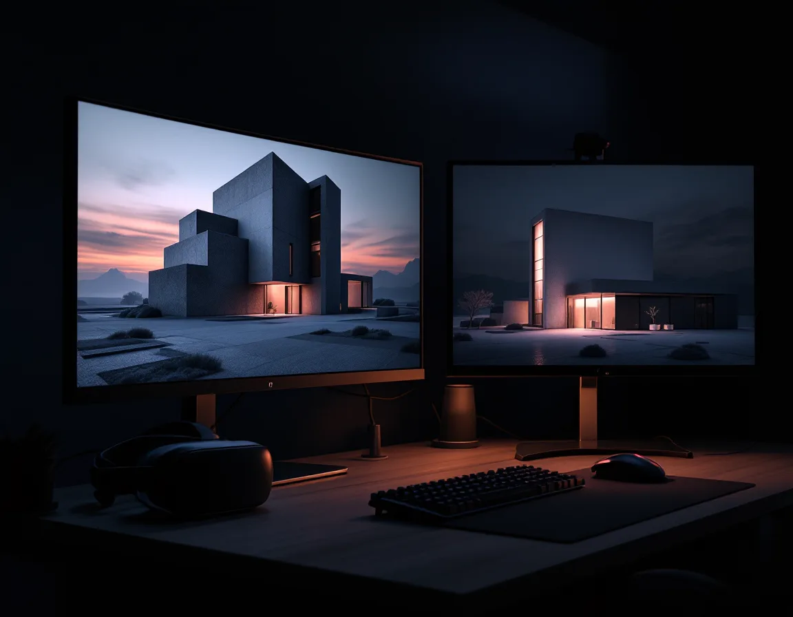 Travertine Studio workspace: a clay render on one screen, the finished dusk render on the next, a VR headset on the desk
